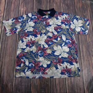 Hawaii Blues Polo Shirt Mens XL Blue Floral Hawaiian Print Short Sleeve Casual